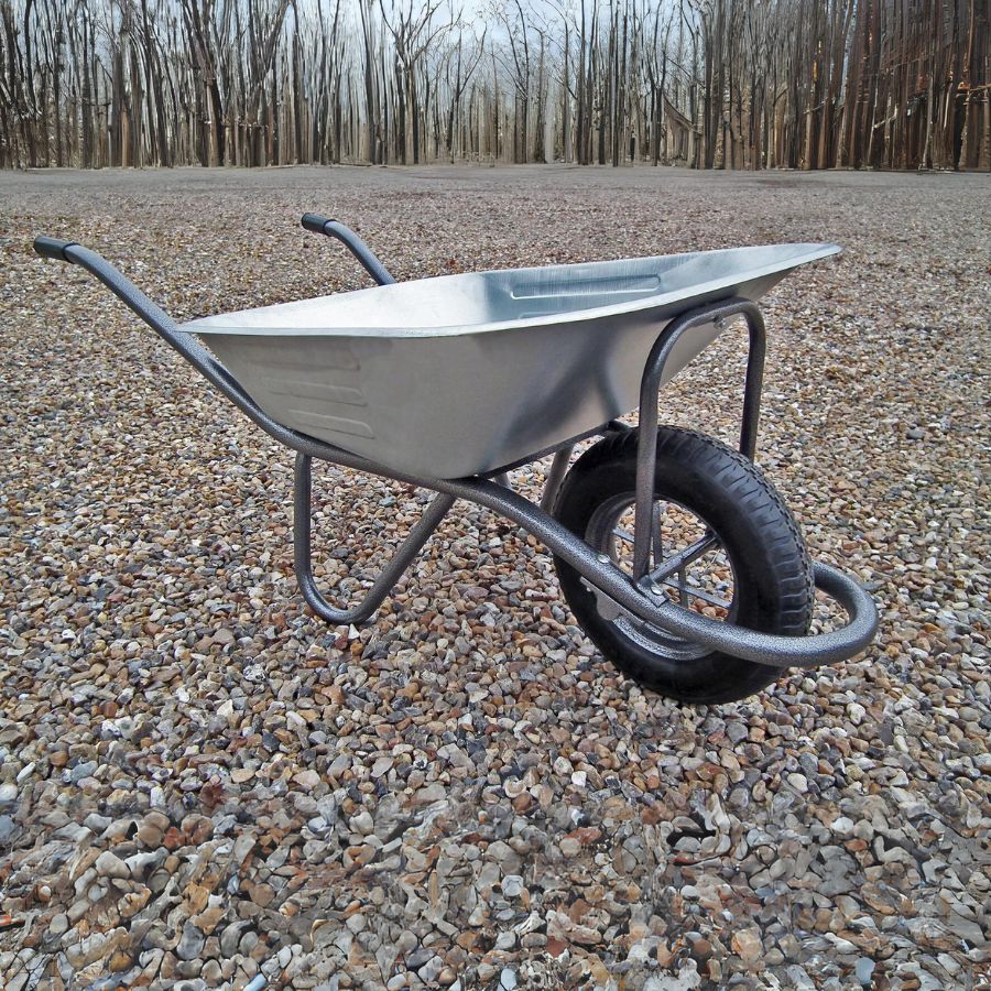 Brouette de chantier galvanisée de 90 litres pour travaux intensifs avec roue gonflée