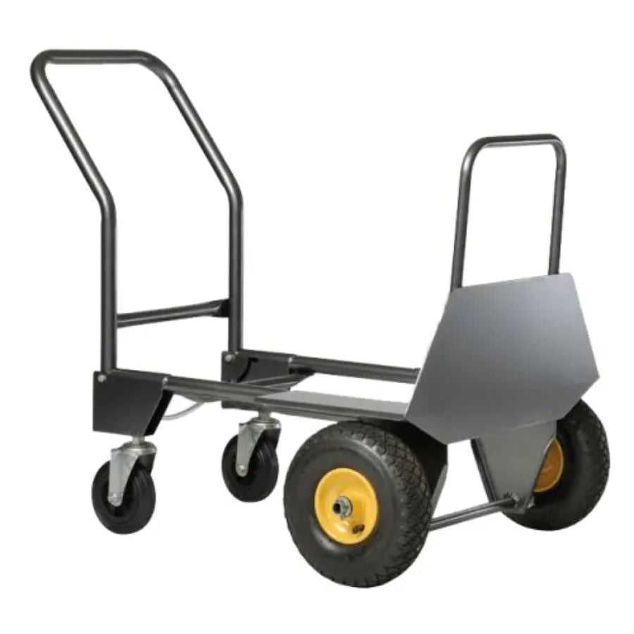 Chariot diable gris transformable en chariot avec roues gonflées
