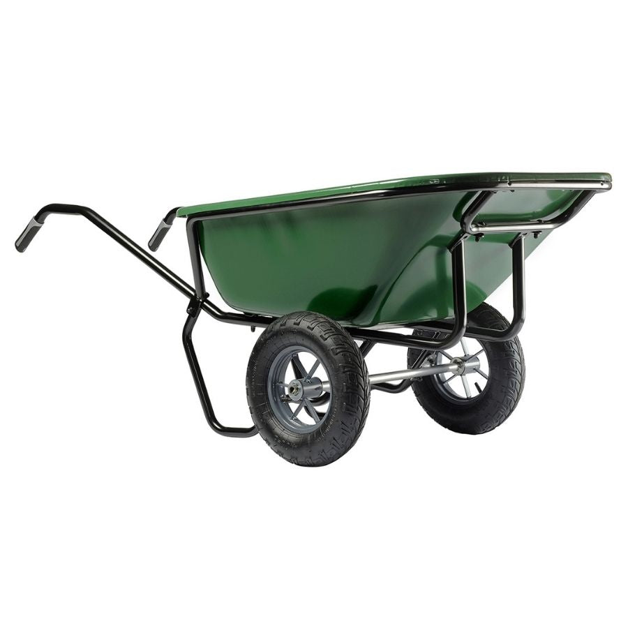 Brouette deux roues peinte gros volume de 230 litres avec roues gonflées sur fond blanc