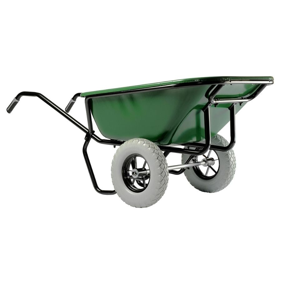Brouette deux roues peinte gros volume de 230 litres avec roues increvables sur fond blanc