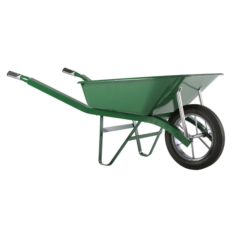 Brouette robuste de 100 litres à châssis cornières avec roue pleine sur fond blanc