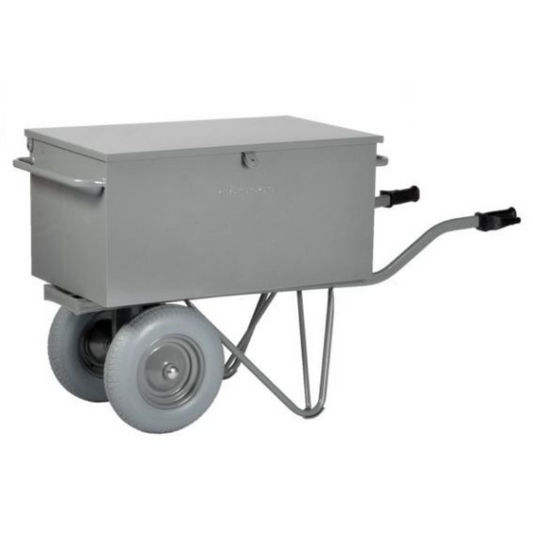 Caisse à outils sur deux roues increvables sur fond blanc